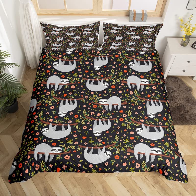 Homemissing Cute Sloth Duvet Cover Cartoon Sloth Bedding Set Botanical Tree Branches Comforter Cover for Boys Girls Kids Room Decor Kawaii Animal Bedspread Cover Single Size With 1 Pillow Case