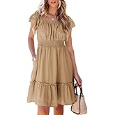 Dokotoo Womens Summer Dresses 2026 Ruffle Short Sleeve Shirred High Waist Tiered Smocked A-Line Casual Dress with Pocket
