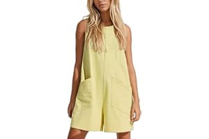 MISSACTIVER Women Summer Casual Sleeveless Rompers Loose Crewneck Keyhole Jumpsuit Wide Leg Short Overalls with Pockets