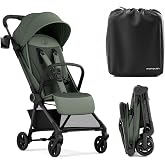 Mompush Nexis Carbon Fiber Lightweight Travel Stroller, Carry-On, Forest | Lightweight travel stroller for airplane, compact auto-fold, one-hand recline, XL basket, cup holder, rain cover included