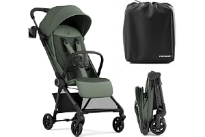 Mompush Nexis Carbon Fiber Lightweight Travel Stroller, Carry-On, Forest | Lightweight travel stroller for airplane, compact auto-fold, one-hand recline, XL basket, cup holder, rain cover included