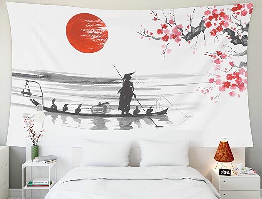 Amazon Com Emmteey Tapestry Wall Hanging Tapestries Decor Living Room Bedroom For Home Inhouse By Printed 60x50 Inches For Traditional Japanese Painting Sumie Art Man With Boat Home Kitchen
