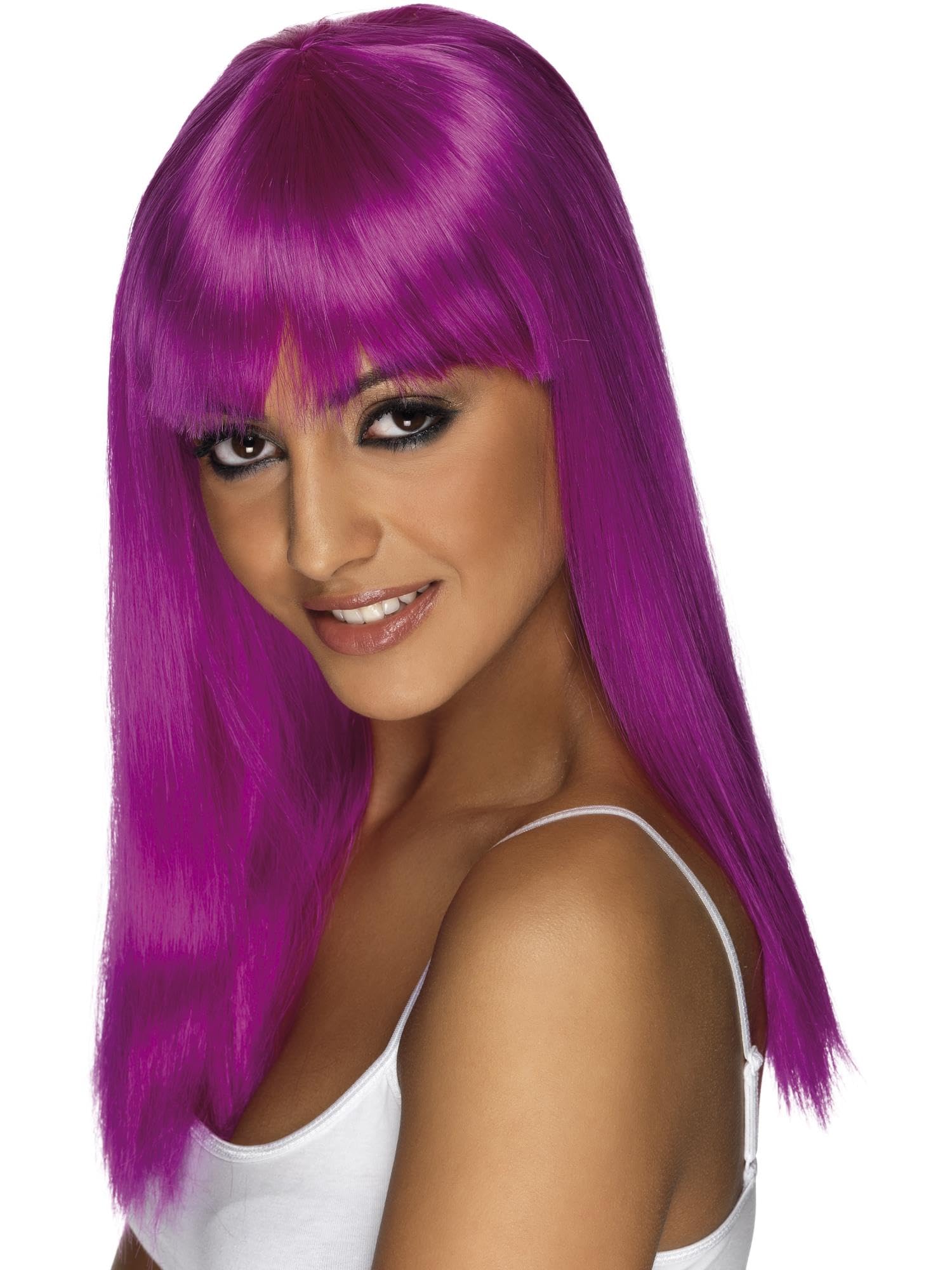 Smiffys Glamourama Wig, Neon Purple Long, Straight with Fringe, Ladies Glamour Wigs Fancy Dress, Adult Dress Up Wigs Halloween