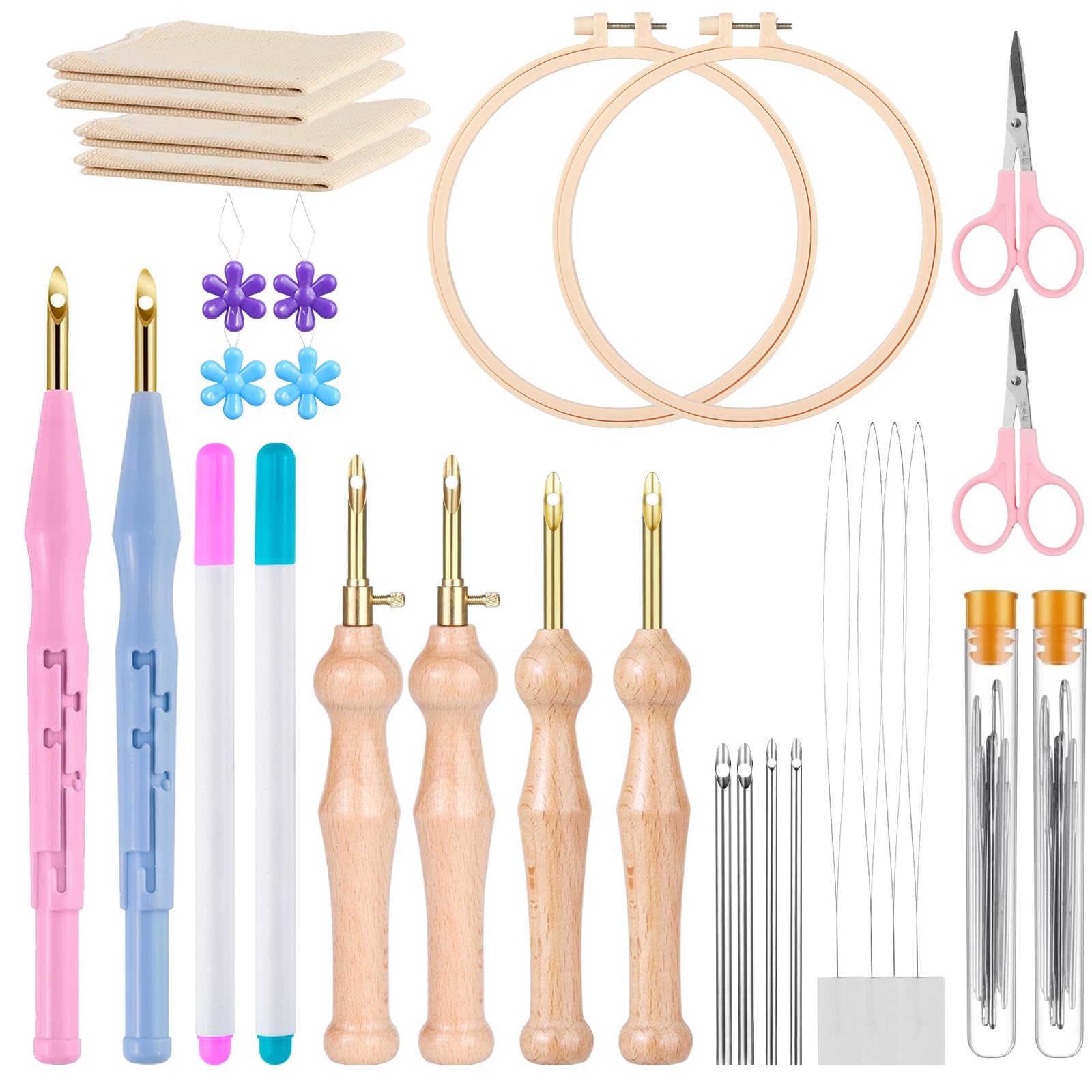 MSDADA 42 Pcs Punch Needle Kit, Adjustable Rug Yarn & Wooden Handle Embroidery Pens, Threader Tools - Blue+Pink