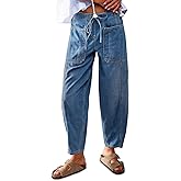 yoeasy Womens Barrel Jeans Elastic Drawstring Loose Wide Leg Cropped Denim Pants Y2k Baggy Boyfriend Jeans