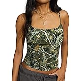 BAIGRAM Women Camo Crop Tank Top Spaghetti Strap Backless Camisole Fitted Maple Leaf Print Sleeveless Going Out Top Y2K