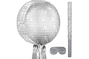 Aoriher Disco Ball Piñata 12.6 x 12.6 x 3 Inch Happy New Year Party Game Set Disco Ball Piñata Silver Foil 80s 90s Decoration with Stick Blindfold for Retro Theme Birthday Wedding Party Supplies Decor