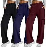 Neer 3 Pack Womens Pants with Cargo Pockets Casual High Waisted Baggy Wide Straight Leg Sweatpants Lounge Joggers Trousers