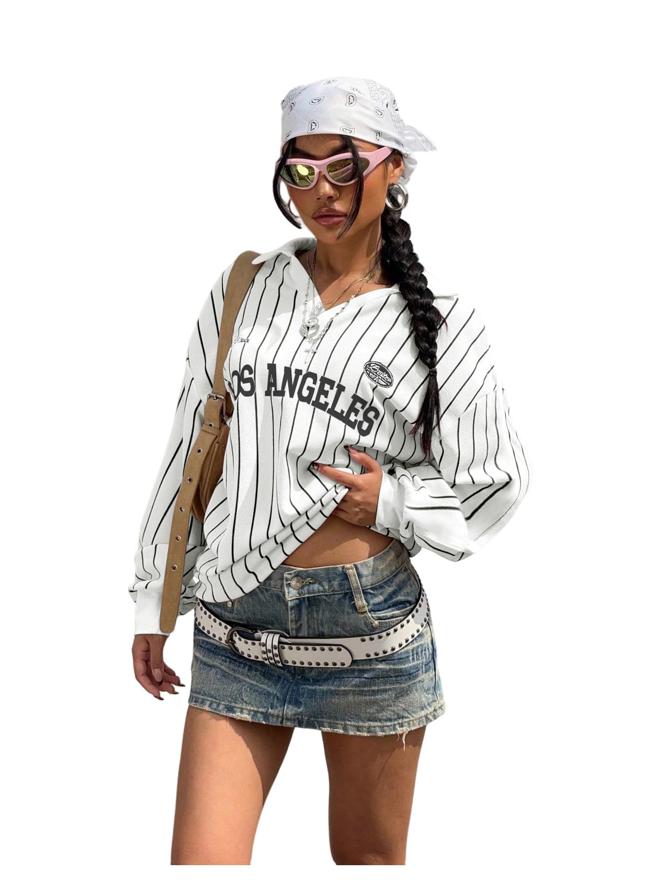 SOLY HUX Women's Oversized Tees Striped Letter