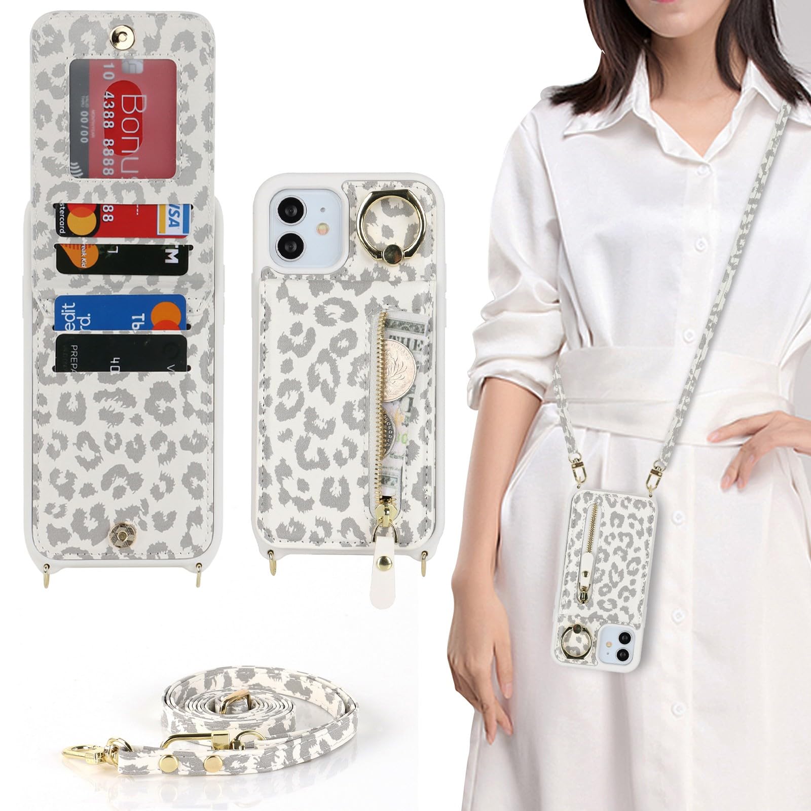Zouzt for iPhone 12 Pro Max/iPhone 13 Pro Max 6.7 Inch Case with Cord and Card Holde, Zipper Wallet Case with Crossbody Lanyard Ring Adjustable Necklace Protective Cover Women - White Leopard