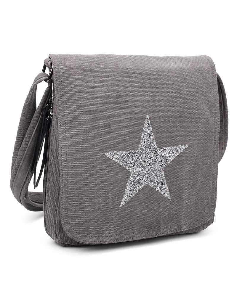 Women Sparkling Glitter Golden Star Shoulder Bag Travel Cross Body Bag Casual Messenger Bag Perfect for Casual Work Or School Use (Grey)