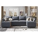 HONBAY Modern U-Shape Sectional Sofa Sleeper Couch with Reversible Chaise Modular Sofa with Ottomans, Bluish Grey