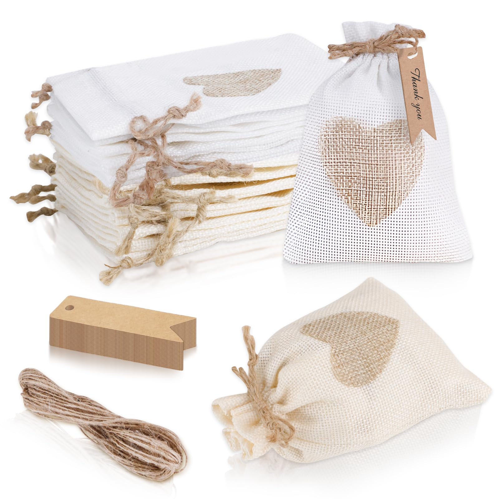 HMIEPRS 40Pcs Hessian Bags with 40 Tags and Drawstring, Linen Heart Burlap Bag, Small Gift Bags Jute Pouches for Jewellery Candy Favour Wedding Christmas Party DIY Craft(White Beige, 14x10cm)