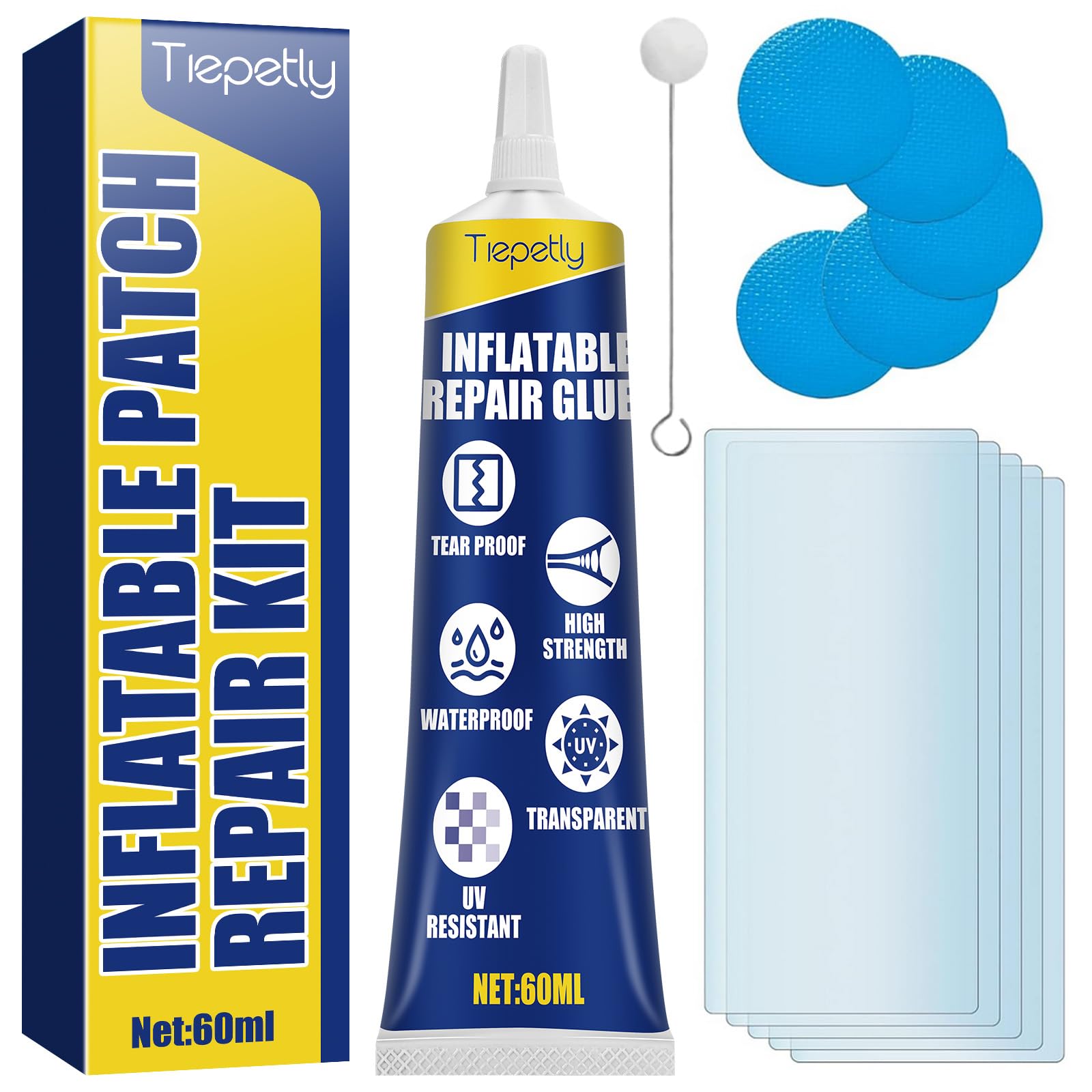 Photo 1 of Tiepetly Air Mattress Patch Kit, Waterproof Pool Liner Patch Kit, High Strength PVC Repair Kit for TPU, EVA, ABS, Rubber, Ideal for Air Mattresses, Inflatable Toys, Swimming Pools, Hot Tubs (60ml)