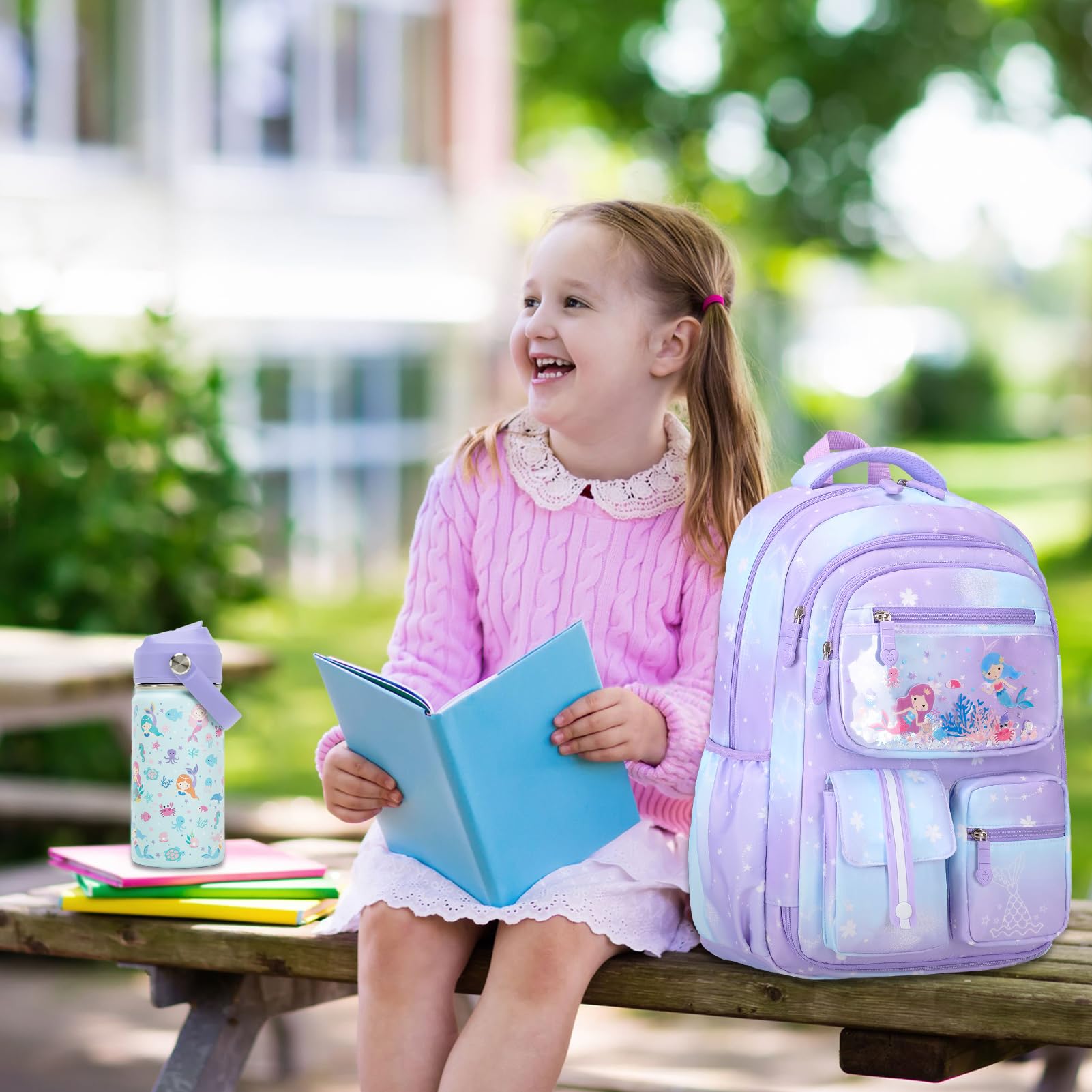 ACESAK Mermaids Bookbag Set for Teens, Middle School, with Water Bottle, Lunch Bag