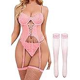 Lilosy Sexy Floral Lace Up Corset Garter Lingerie Set