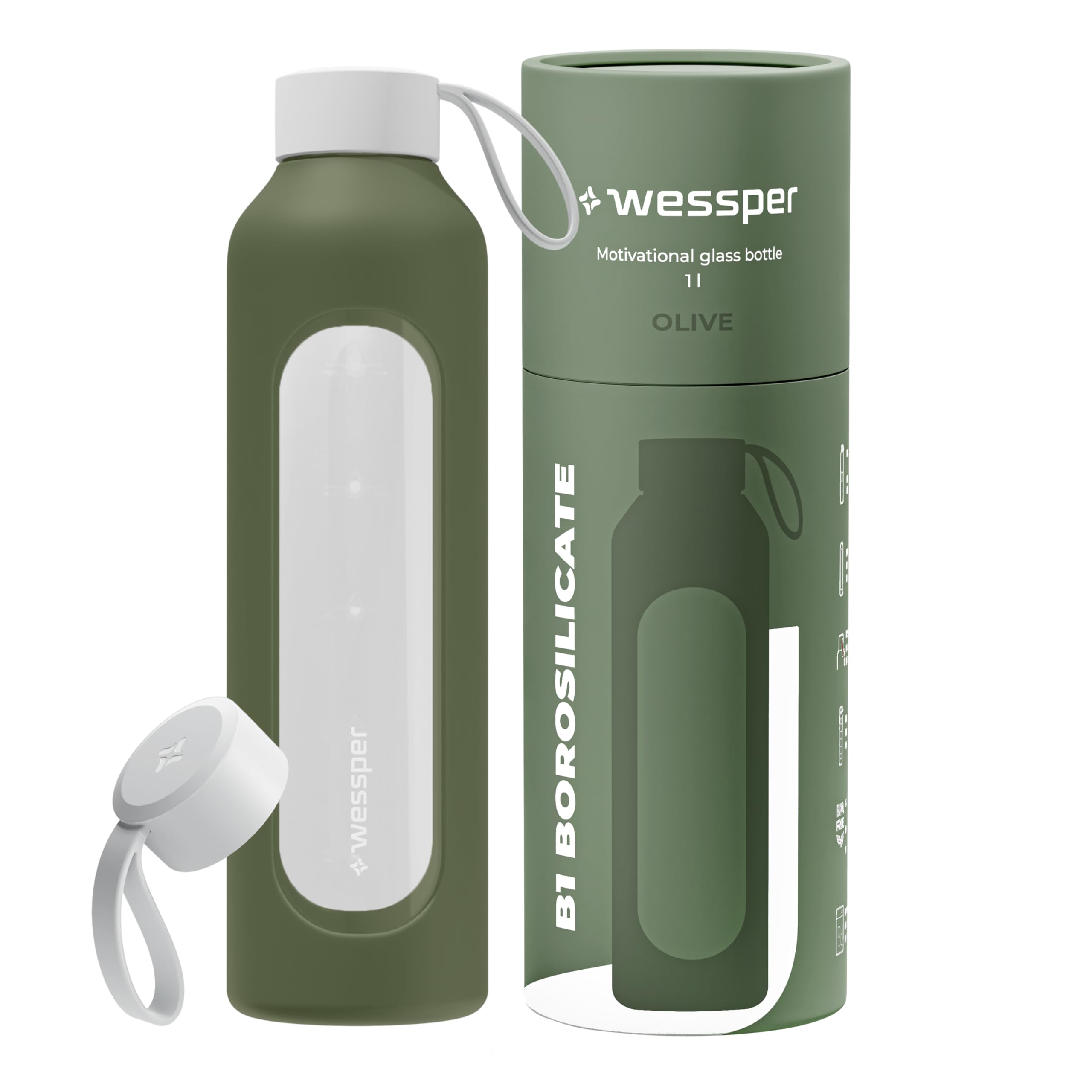 Wessper Drinkmotivation Borosilicate Glass Bottle with Time Markings 1 Litre Airtight Drinking Bottle Glass with Bamboo Lid 1 Litre Reusable with Silicone Cover Olive (WES260)