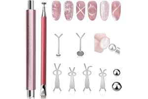 Plman Double-Head Cat Eye Nail Magnet Set, Nail Magnet Tool with Cat Eye Nail Magnet Beads and Nail Magnet Guides, Double-Side Flower Design Nail Magnetic Pen, Cat Eye Magnet for Nail Art DIY (Pink)