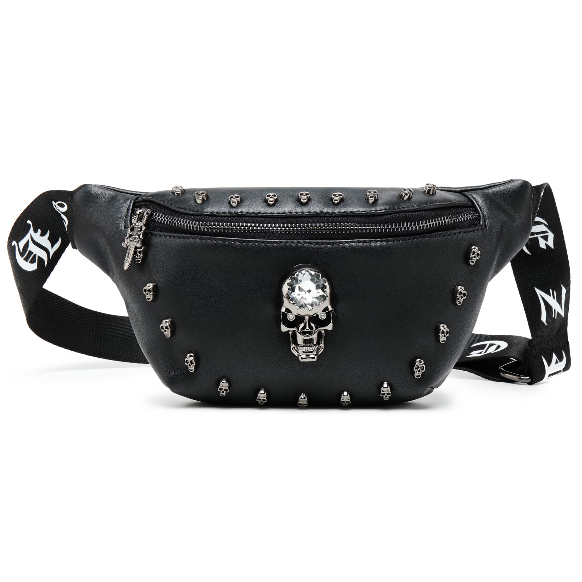 Bumbag for Women,Black Leather Fanny Pack for Women Skull Designed,Bumbags for Ladies Fashion Waist Bag Pack for Dog Walking Festival Hiking Travel Holiday — image 1