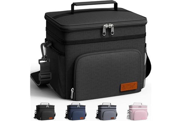 HOTOR Insulated Lunch Box for Men & Women - Leak-Proof Cooler Lunch Bag with 4 Pockets, Adjustable Strap, Ideal for Work, Picnic, Travel - Medium, Black, 10.2"×6.9"×8.5"