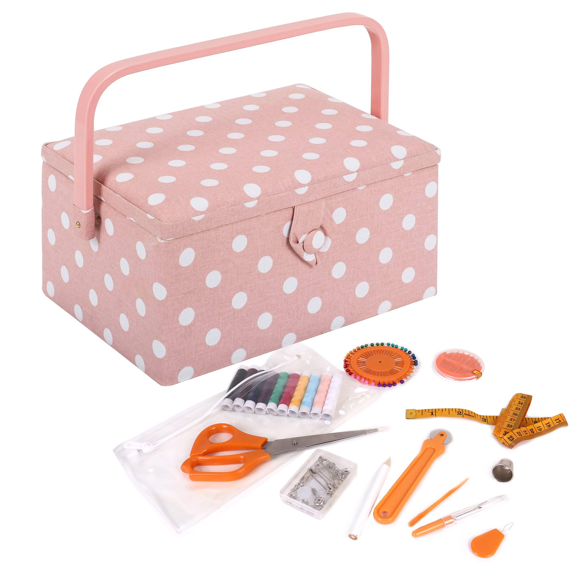 Hobby Gift Medium Sewing Box Organiser with Handle - Cotton Basket Sewing Storage Box, Craft Storage Boxes with Compartments for Tools & Accessories - 18.5 x 25.5 x 14.5cm, Pink Polka Dot