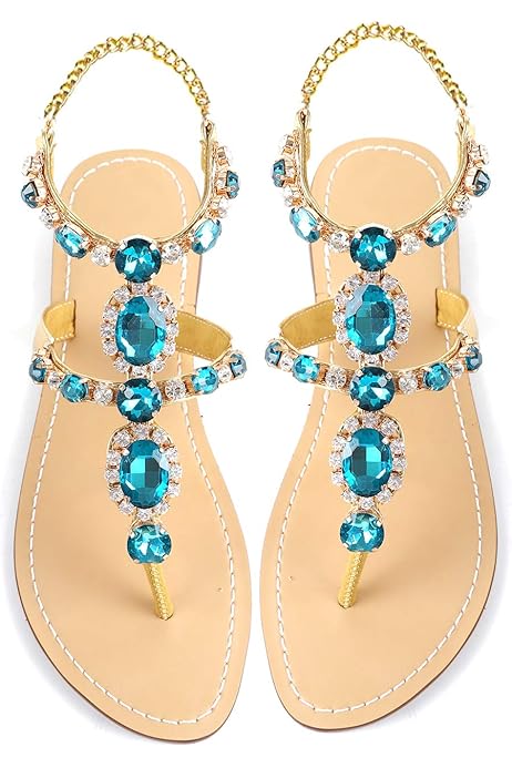 jeweled metallic ankle strap flat sandals