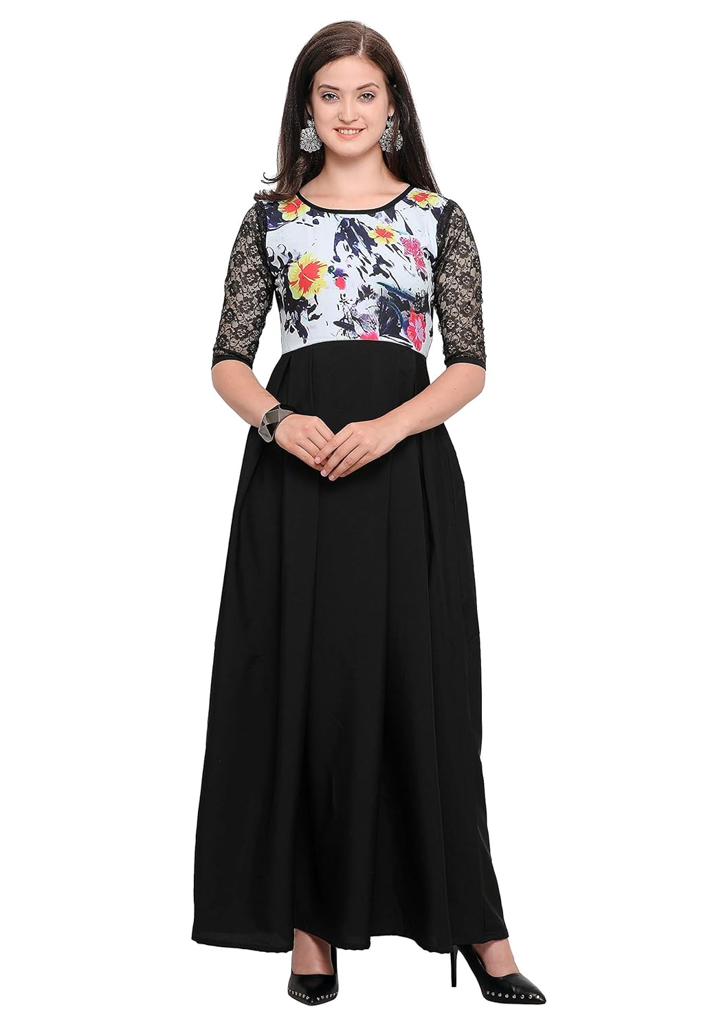 fashion2wear women black maxi digital printed stitched crepe gown