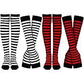 SATINIOR 4 Pairs Women's Striped Arm Warmer Long Striped Socks Knit Fingerless Gloves Set Winter Costume (Black-White, Black-Red)