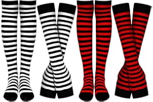 SATINIOR 4 Pairs Women's Striped Arm Warmer Long Striped Socks Knit Fingerless Gloves Set Winter Costume (Black-White, Black-Red)