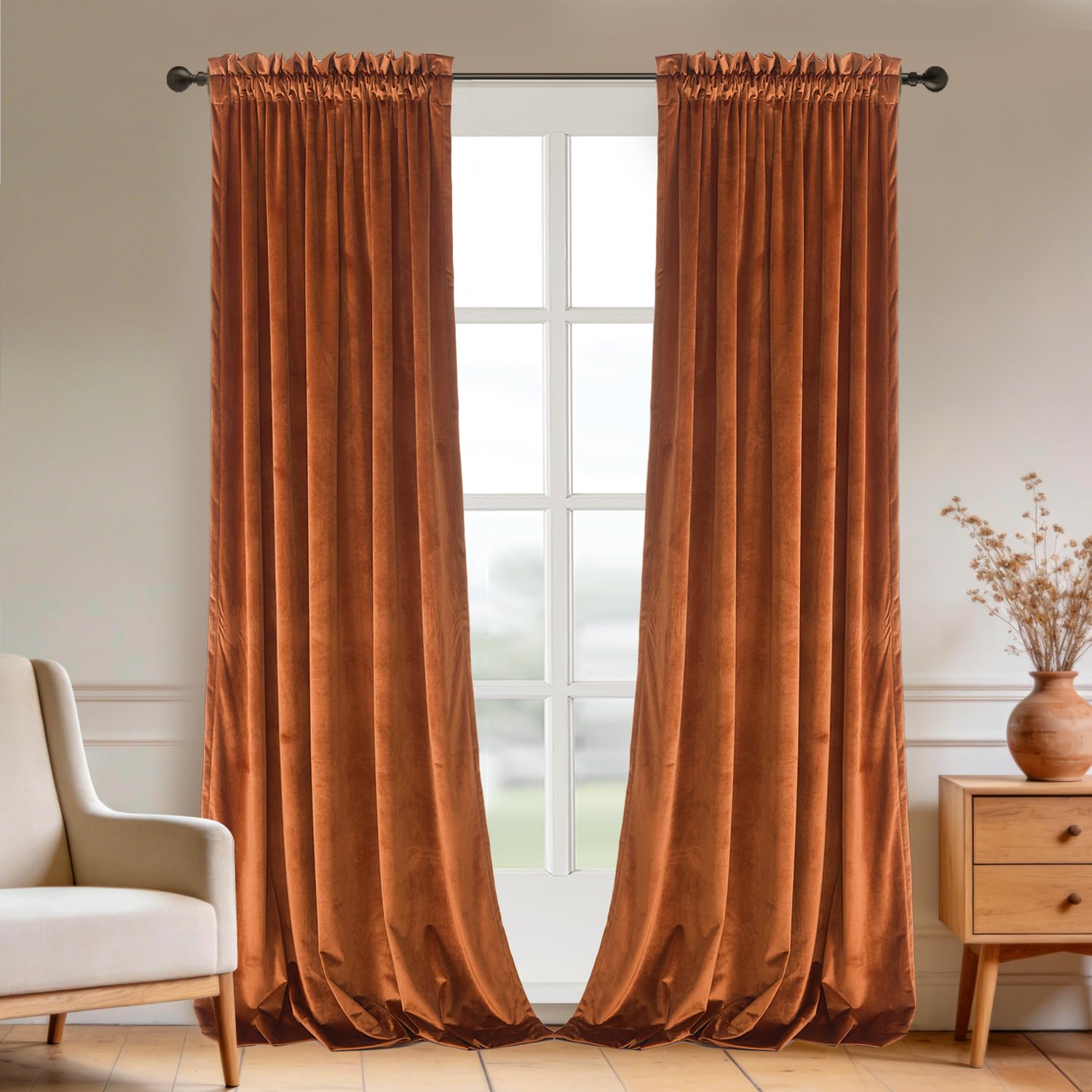 Roslynwood Velvet Orange Curtain 84 inches Long - Curtains Block Light Rod Pocket Thermal Insulated Window Drapes Set for Living Room/Bedroom/Kitchen Room, W52 x L84, 2 Panels Image