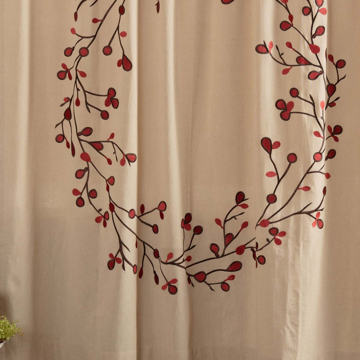 Twig & Berry Vine Shower Curtain, 72" x 72", Beige w/ Embroidered Berries, Farmhouse Country