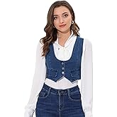 Allegra K Denim Vest for Women's Button Up Sleeveless Crop Jean Vest Waistcoat