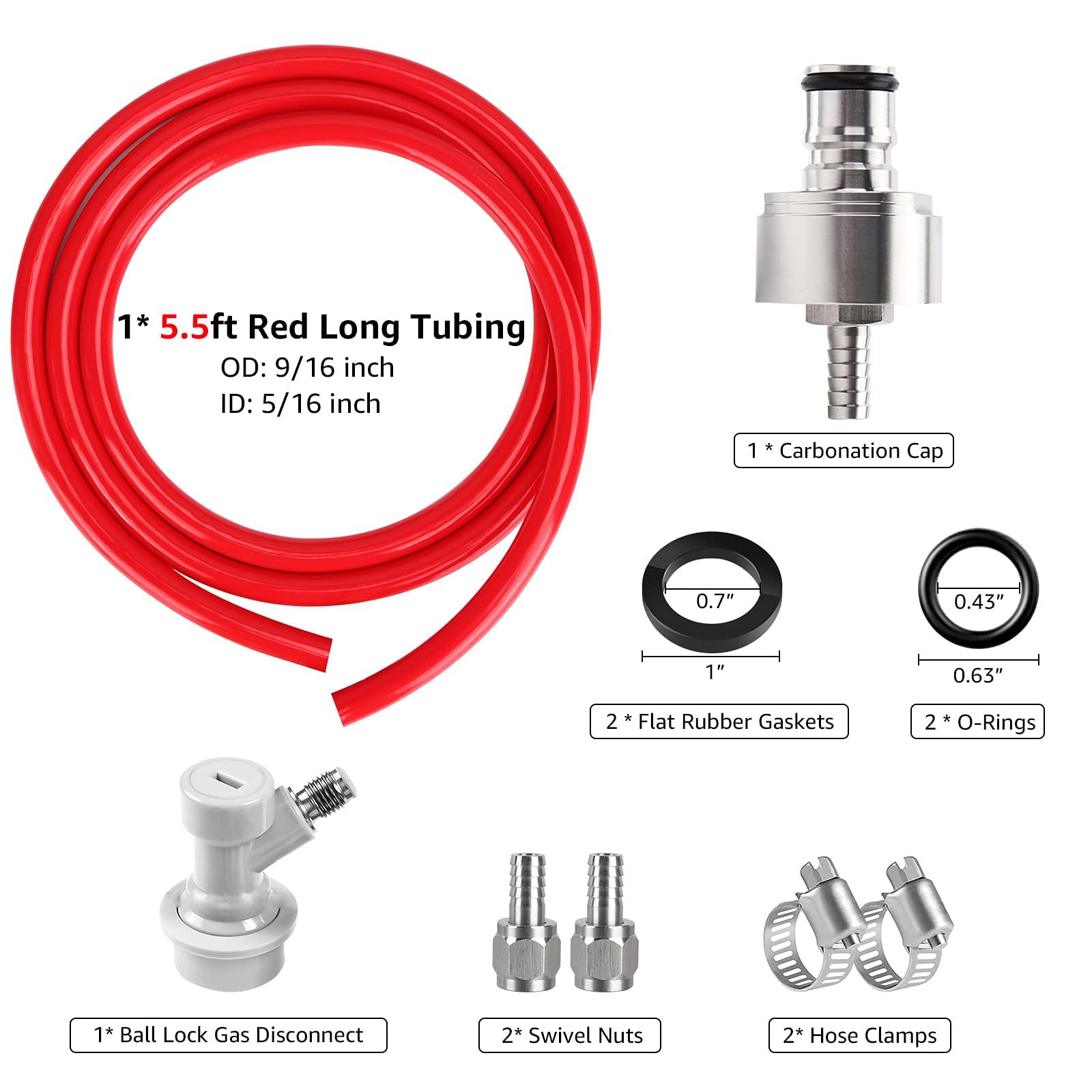 5.5ft 5/16 Co2 Gas Line Tubing for Kegerator Assembly with stainless steel carbonator cap carbonation cap for soda bottle, Ball Gas Lock Draft beer Red Hose kit for Homebrew
