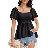 MISMI Women's Summer Peplum Tops Square Neck Ruffle Trim Short Sleeve Blouse Top Dressy Casual Shirts
