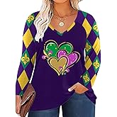 QAUN Plus Size Mardi Gras Shirt: Fat Tuesday Carnival Vneck Tshirt Carnival Outfit Long Sleeve Tops