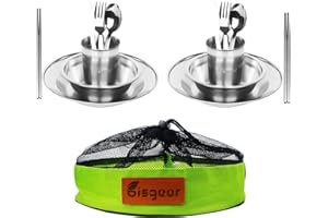 Bisgear Stainless Steel Tableware Mess Kit Includes Plate Bowl Cup Spoon Fork Knife & Mesh Travel Bag for Backpacking & Camping