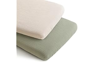 Konssy 2 Pack Muslin Bassinet Sheets 33" x 21", 100% Cotton Soft Bedside Sleeper Bassinet Sheets, Compatible with Baby Delight, Dream On Me, AMKE and Other Rectangle Mattress (Fog Green,Cream)