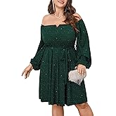 SCOMCHIC Plus Size Womens Sequin Glitter Mini Dress Off Shoulder Long Sleeve A-Line Club Cocktail Party Dresses with Belt