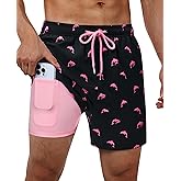 Gleeease 5inch Mens Swim Trunks with Compression Liner Pockets Drawstring Quick Dry Stretch Lined Funny Beach Swimming Surf