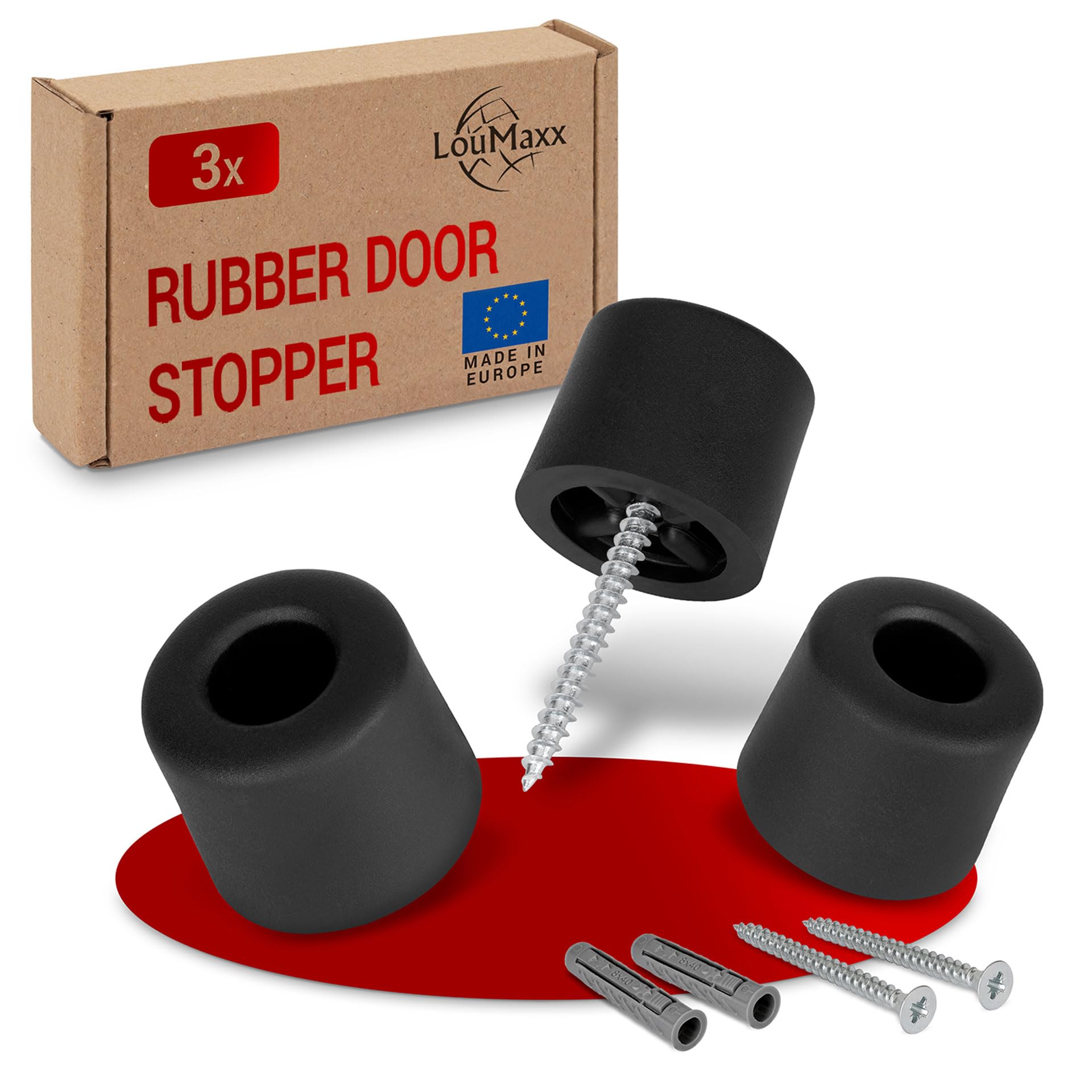 LouMaxx Black Door Stop 3 Pack – Rubber Door stoppers for Floor Easy to Install – Screw Mounted for Stable Hold – Protects Walls and Furniture – Black TPE Rubber, with Screws and Plugs