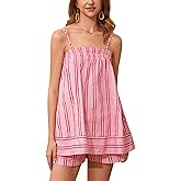 calbatic Women 2 Piece Lounge Set Striped Summer Pajama Set Sleeveless Peplum Cami Top and Wide Leg Shorts Set Beachwear