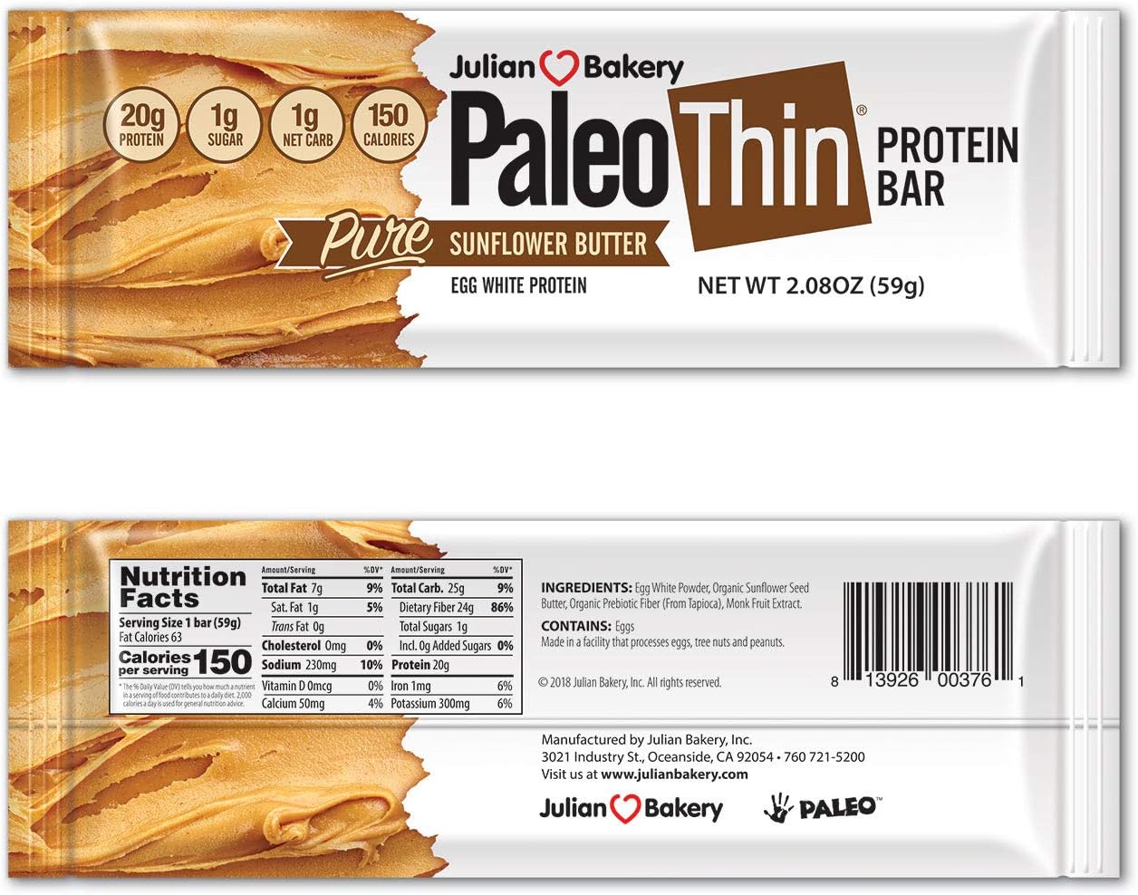 Julian Bakery Paleo Thin Protein Bar | Sunflower Butter | Egg White Protein | 20g Protein | 1 Net Carb | 10 Bars