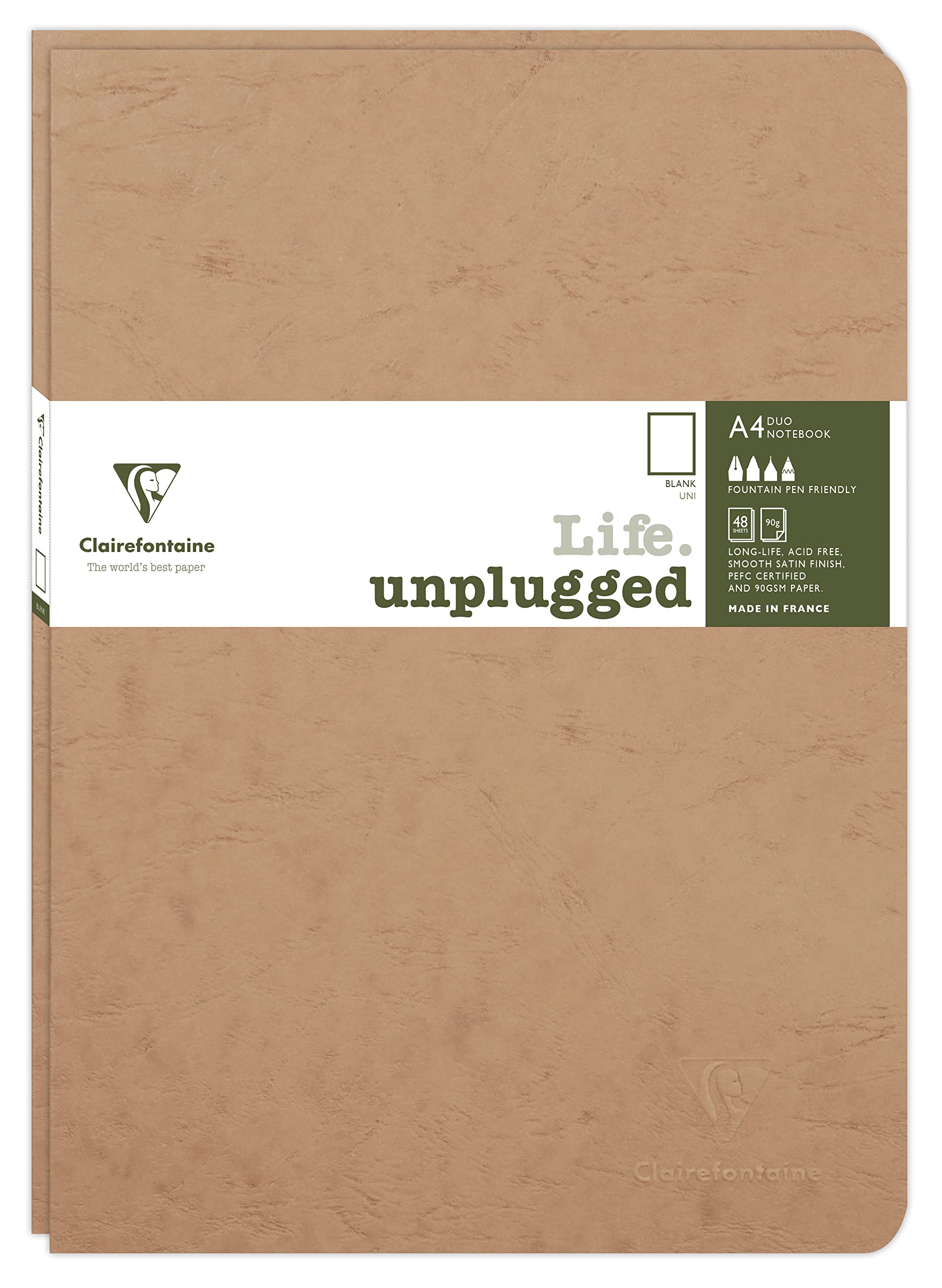 Clairefontaine 733086C Collection Age Bag Set of 2 Tobacco Duo Stapled Notebooks - A4 21x29,7cm - 96 Plain White Pages - 90gsm Paper - Leather Grain Card Cover