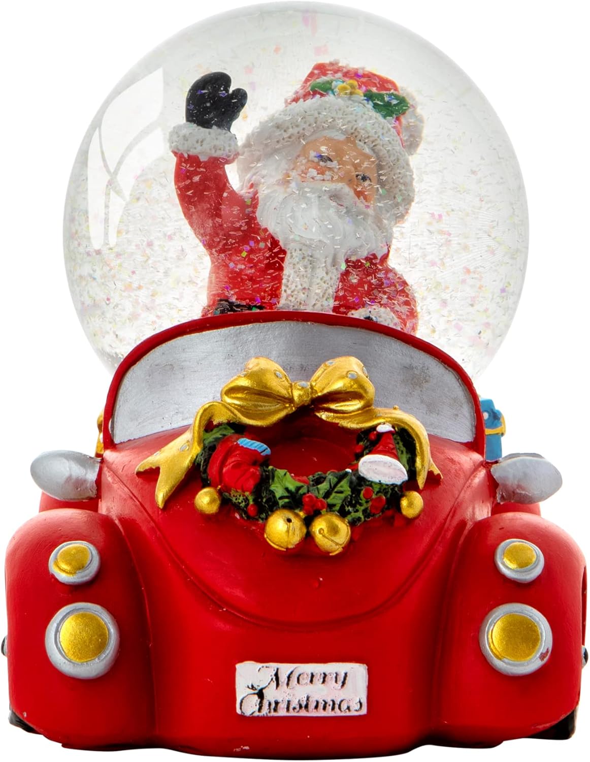 Snow Globes - Celebright Christmas Musical Snow Globe with Water Spinner - Plays 8 Songs Including Jingle Bells & Lights Up with Changing LED Colours - Large 14cm (Santa in Car Driving)