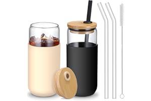VITEVER 20 OZ Glass Cups with Bamboo Lids and Straws - Beer Can Shaped Drinking Glasses with Silicone Protective Sleeve Set for Iced Coffee, Water, Smoothie, Boba Tea, Gift, 2 Colors