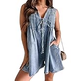 yoeasy Women's Sleeveless V Neck Shorts Denim Romper Tie Front Ruffle Cute Loose Jean Short Overalls with Pockets