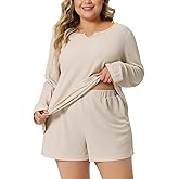 Agnes Orinda Plus Size Pajamas Set for Women Waffle Knit Lounge Set Long Sleeve 2 Piece Outfits Loungewear with Pockets