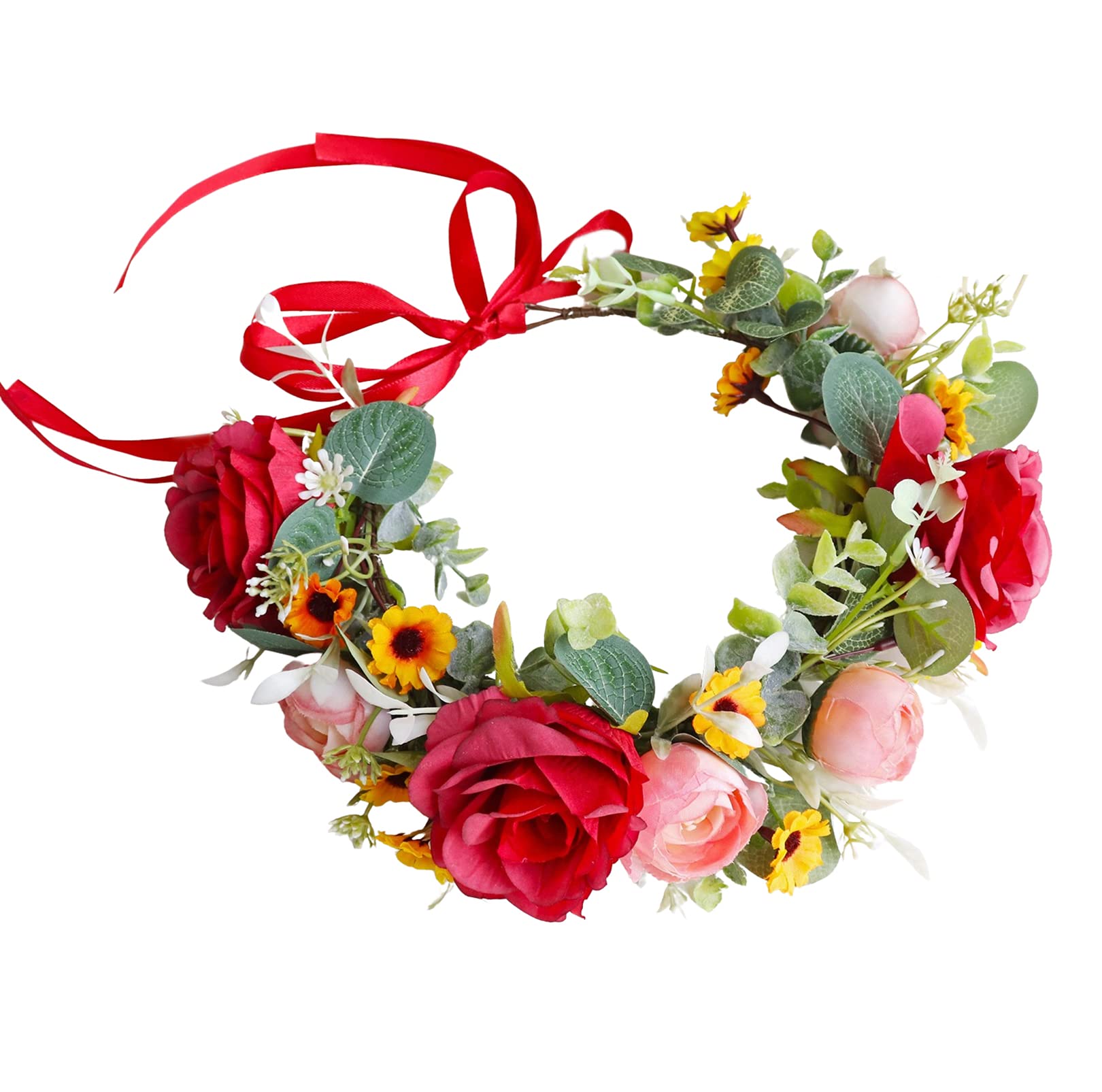 Photo 1 of LLinfflr Women Floral Crown Rose Floral Headband Hair Wreath Flower Headpiece Halo Boho Party Prom Wedding Photos Red