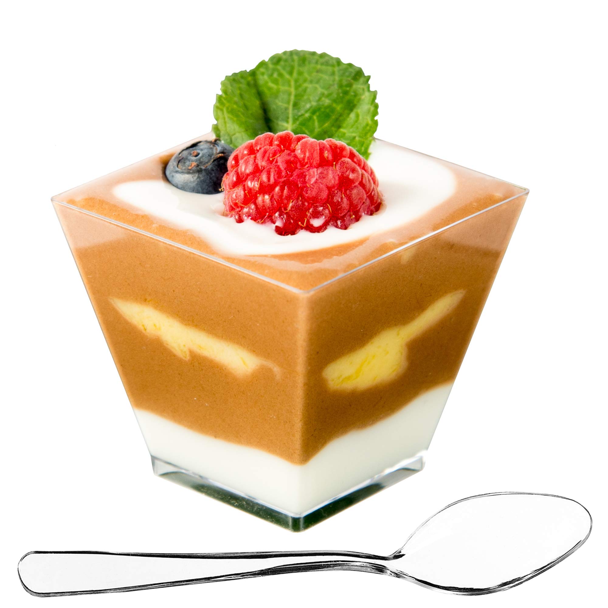 DLux Dessert Cups with Spoons, 60 ml - Clear Plastic Parfait Appetizer Cups, Square Short Reusable Shot Glass Bowl for Party Desserts Appetizers - with Recipe Ebook