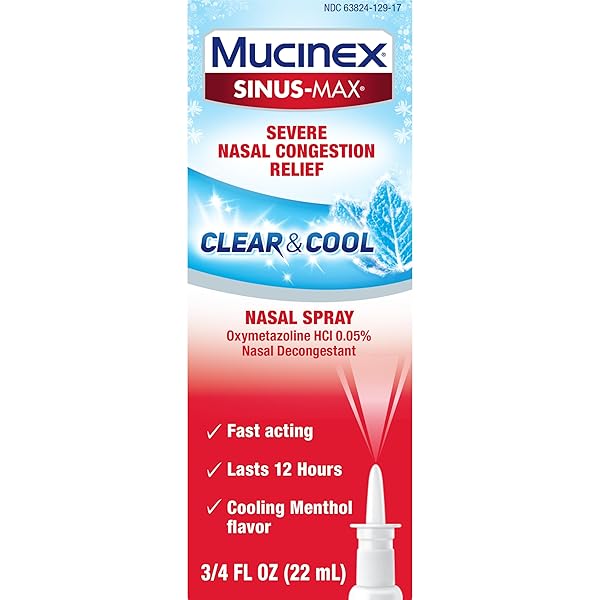 MUCINEX SINUS-MAX NASAL SPRAY DECONGESTANT, 12 HOUR OVER-THE-COUNTER MEDICATION NOSE SPRAY FOR SINUS RELIEF, NASAL DECONGESTANTS FOR ADULTS & SINUS CONGESTION, CLEAR & COOL 3/4 FL OZ(22ML)